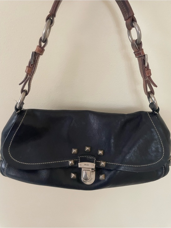 Prada Handbags - Prada Black Leather Shoulder Bag with Brown Strap and Stud Accents